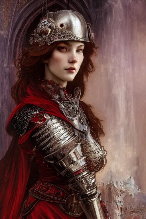 Image similar to beautiful luxury and elite and victorian and holy medieval female red and white color armor knight portrait+smoky eyes+light flowing hair, in ruin gothic cathedral, ultradetail face, art and illustration by tian zi and craig mullins and WLOP and alphonse mucha, fantasy, intricate complexity, human structure, fantasy world concept, watermark, blurry, hyperrealism 8k