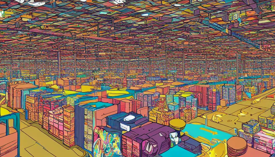 Image similar to a warehouse with huge shelves in which stacks of paper are stored, video game vector cutout illustration vivid multicolor borderlands comics by josan gonzales and dan mumford radiating a glowing aura