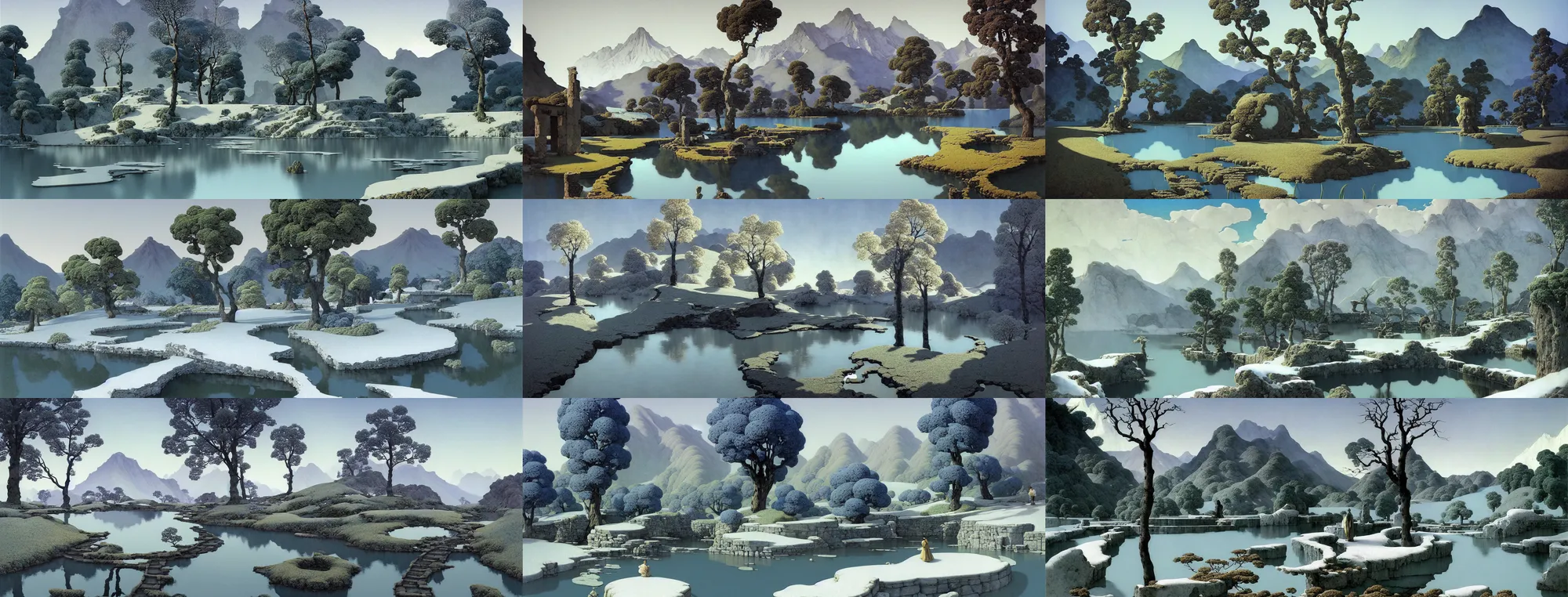 Prompt: a gorgeous bleak spring landscape painting by barlowe wayne maxfield parrish and marco mazzoni. tree no leaf!! china mountain village!! grey blue and verdancy. the lake ice is melting. the winding stone steps. ultra clear detailed. 3 d, octane render..