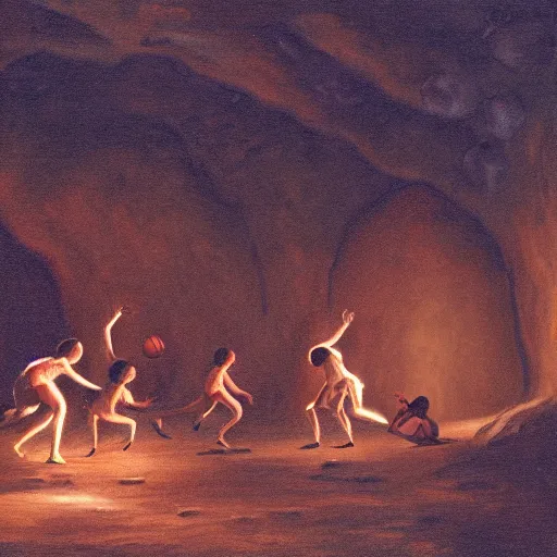 Prompt: matte painting of cavemen playing basketball inside cave at night, cave lit by torch light, stalagmites