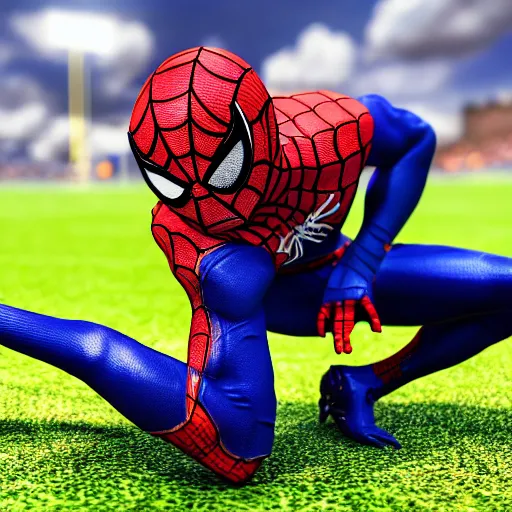 Image similar to a closeup photorealistic photograph of a spider man themed la rams football player. professional capture. bright scene. this 4 k hd image is trending on artstation, featured on behance, well - rendered, extra crisp, features intricate detail, epic composition and the style of unreal engine.