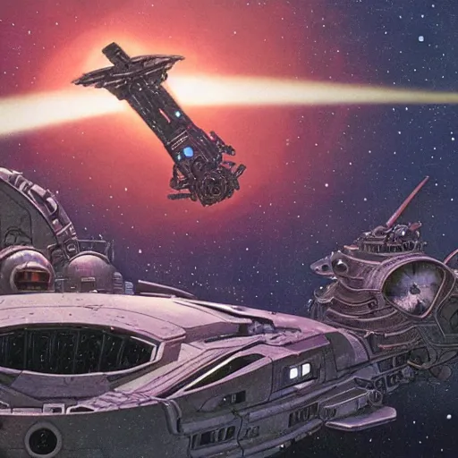 Image similar to a vast steampunk spaceship approaches the wreckage of a derelict starship in deep space by doug chiang and ralph mcquarrie