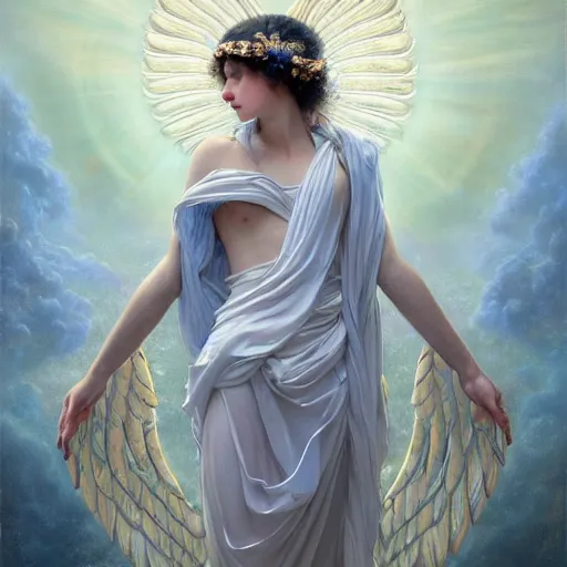 Image similar to highly detailed oil painting | very intricate | cinematic lighting | award - winning | the beautiful angel jupiter wearing a lapis lazuli toga | by roberto ferri, by tom bagshaw, by j. c. leyendecker and klimt, beautiful cinematic light, american romanticism, by austin osman spare, artstation, cgsociety, official art, octane