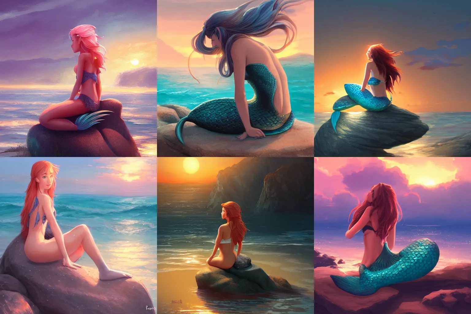 Prompt: a mermaid sitting on a rock at sunset, digital art by RossDraws and Sakimichan, Artstation