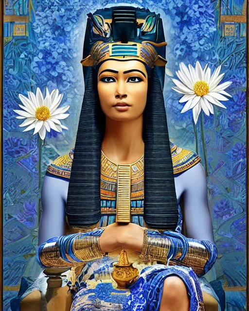 Prompt: a portrait of a beautiful female ancient Egyptian goddess sitting on her throne, surrounded by blue lotus flowers. At her feet lies the god Anubis. By Artgerm, by Raphael, by Caravaggio, by James C. Christensen