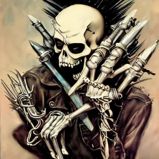 Image similar to a portrait of the grim reaper as a punk rocker, punk, skeleton face, mohawk, dark, fantasy, leather jackets, spiked collars, spiked wristbands, piercings, boots, guitars, motorcycles, ultrafine detailed painting by frank frazetta and vito acconci and will eisner, detailed painting