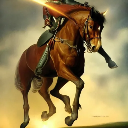 Image similar to a resplendant impressive portrait of a noble horse rearing up. fantasy art, alex ross, heroic lighting, very very very beautiful raytraced rendering