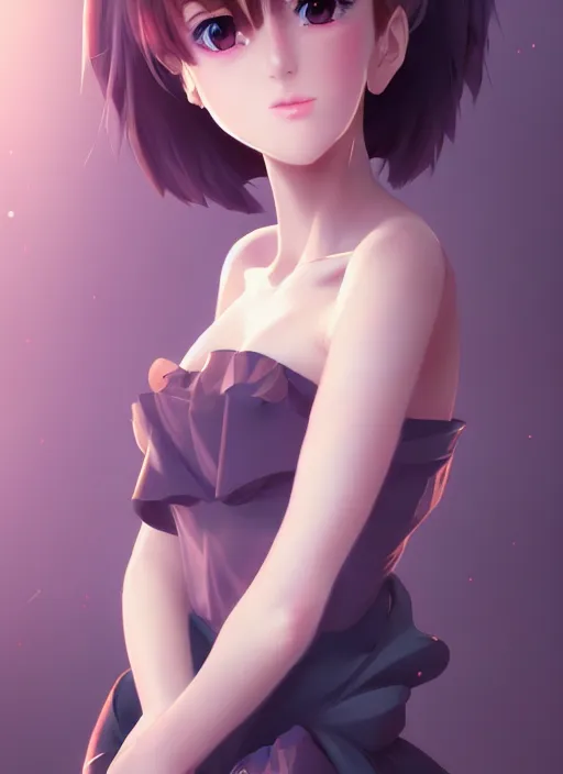 Image similar to beautiful fashion girl in japanese animation, strapless dress, character portrait in the style of thomas river and artgerm, wlop, cinematic lighting, hyperdetailed, 8 k realistic, symmetrical, global illumination, radiant light, halo, love and mercy, frostbite 3 engine, cryengine, dof, trending on artstation, digital art, chanel