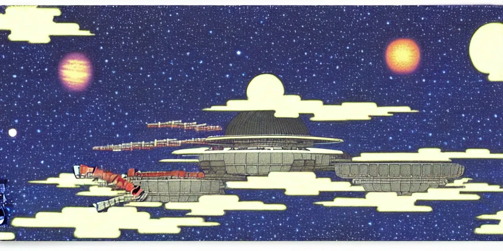 Image similar to a space station by kawase hasui. hd