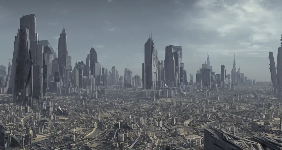 Prompt: view on future brutalistic megapolis in the horizon, in style of brutalism, detailed, sharp, 8 k