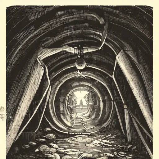 Image similar to precisely drawn illustration of anime old abandoned sewer tunnel, old-fashioned tarot card, victorian playing card, sepia tone, wide angle, sharp, fine details, anime, manga, cyberpunk, intense line art, 8k, precise linework, realistic, shaded lighting by katsuhiro otomo ghost-in-the-shell, magali villeneuve, artgerm, rutkowski Jeremy Lipkin and Giuseppe Dangelico Pino and Michael Garmash and Rob Rey
