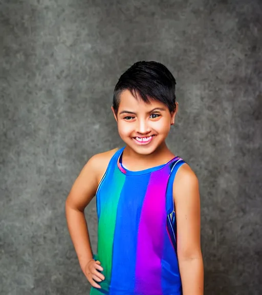 Prompt: a professional portrait of a teenage hispanic - filipino girl with a sporty flair, mahogany eyes, dyed rainbow hair in a pixie cut, a blue tank top, a confident smile, small stature, adorable, athletic, warm brown eyes