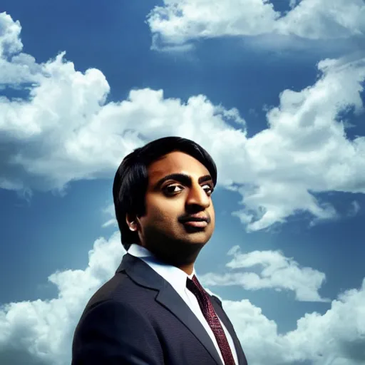 Prompt: Raj Koothrappali as Saul Goodman, promo poster, clouds in the background, cinematic light, 35 mm, film grain, movie, realistic, detailed face