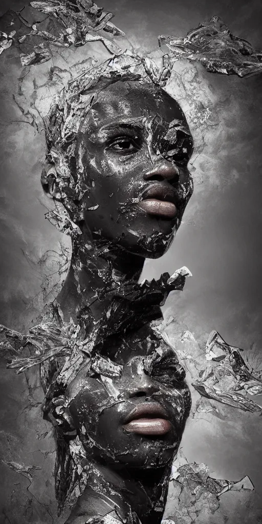Image similar to realistic digital painting of a stunning intricate cracked black marble falling african american angel with face sculpture, mycelium stands and misty xparticles neutral tone background, trending on artstation, hyperrealism, matte painting, subsurface scattering
