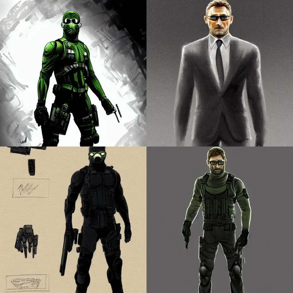 Prompt: An extremely detailed full body concept art of Sam Fisher as James bond