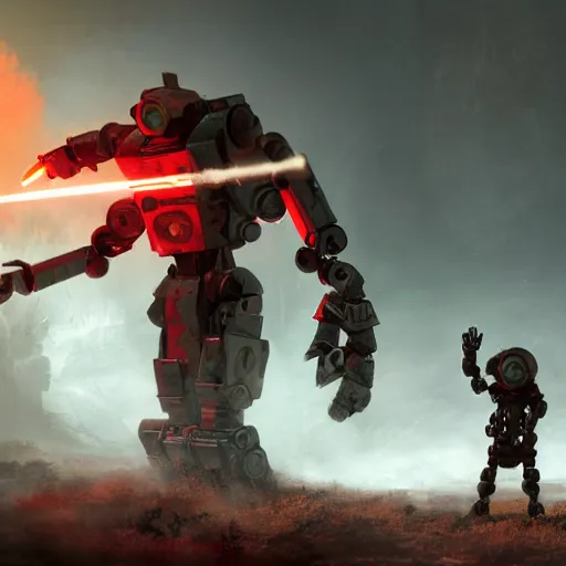 Prompt: post - apocalyptic, a very strong robot with red enerygies shaking the hand with a mighty alien creature that has multiple eyes. smoke. volumetric lighting, sharp focus, ultra detailed, cgsociety