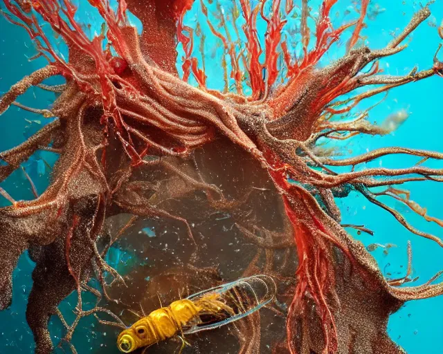 Prompt: complex insect fragments creature scales gills and fins semi-translucent armor, plastic sea wrapped implosion, marine, fishlike creature tree roots strangled, water splash, flowing, coral, glass debris pieces, dust particles, dramatic lighting, electronic wires, fire sparks, high resolution photo,