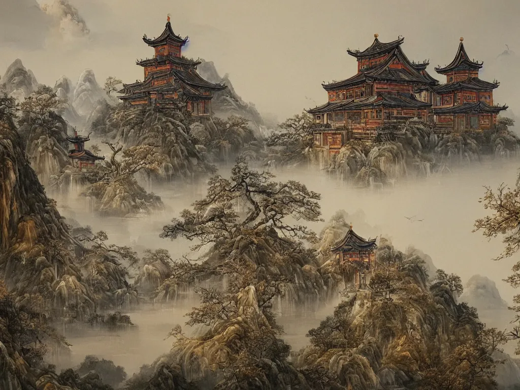 Image similar to A beautiful landscape painting of a Chinese traditional Gothic church, trending on artstation