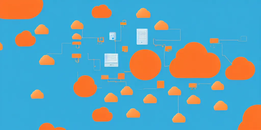 Prompt: Network of servers and computers, cloud server, ship, sea, fish, isometric view from above. Minimalistic design, contemporary design, infographics. Logo, Abstract Design. Blue, cyan and orange palette. Vivid, 8K, Epic, Masterpiece