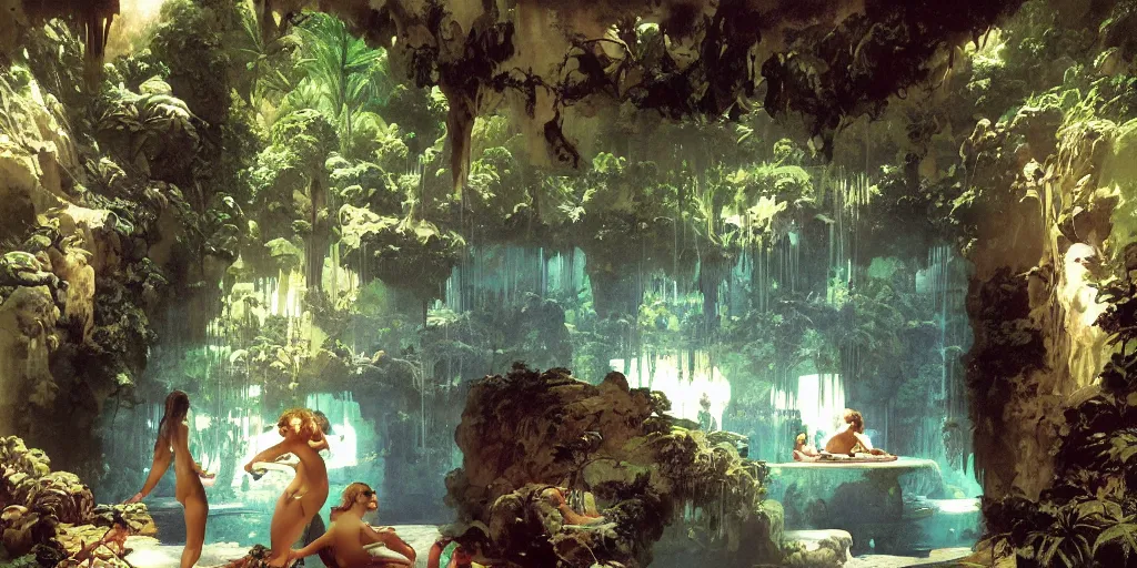 Prompt: a tropical cave that renovate as a luxury interior as several beautiful women bathe in the waters by syd mead, frank frazetta, ken kelly, simon bisley, richard corben, william - adolphe bouguereau, detailed sci - fi architectural concept art