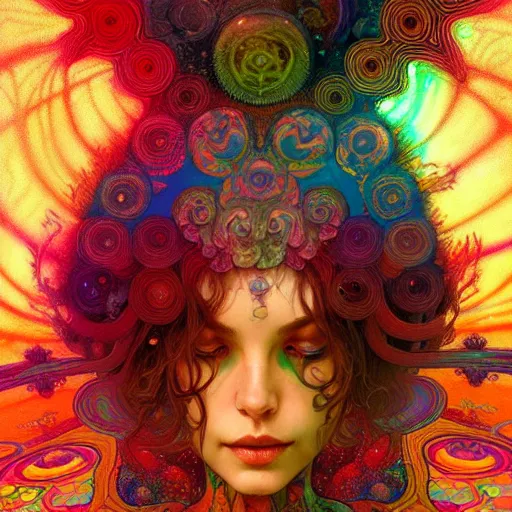 Image similar to An extremely colorful psychedelic experience, warping time and space, magic mushrooms, psilocybin, LSD, face, detailed, intricate, elegant, highly detailed, digital painting, artstation, concept art, smooth, sharp focus, illustration, art by Krenz Cushart and Artem Demura and alphonse mucha