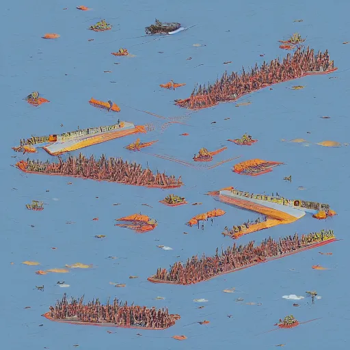 Prompt: birds eye view battle of cape ecnomus, in the style of simon stalenhag