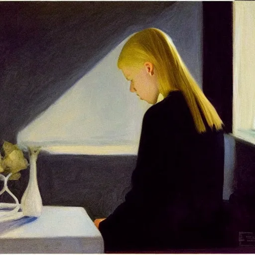 Image similar to Painting of Elle Fanning at the kiln of the first flame, long blonde hair, delicate, pale milky white porcelain skin, by Edward Hopper. 8K. Extremely detailed.