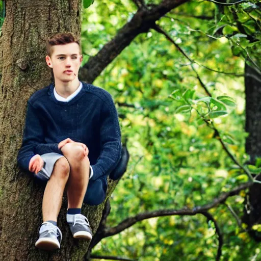 Prompt: a very handsome young man. sitting against a tree in the forest and eating an apple with a knife.