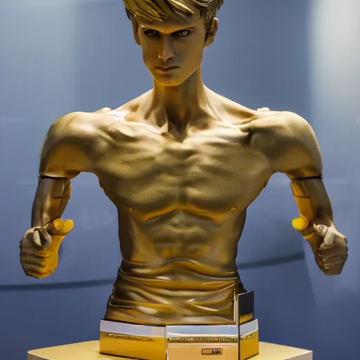 Prompt: a realistic detailed photo of a guy who is an attractive humanoid who is half robot and half humanoid, who is a male android, soccer players martin ødegaard, shiny skin, posing like a statue, blank stare, in a museum, on display, showing off his muscles, gold soccer shorts, ground view, porcelain statue