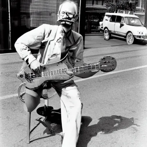 Prompt: hugh hopper with a handlebar moustache holding a great big orange and a diet pepsi sitting on a street corner