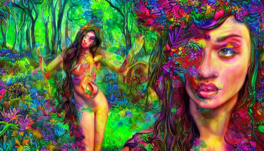 Prompt: landscape beautiful woman in psychodelic dmt lsd forest, photorealistic, artgerm, artwork by Arian, Mark