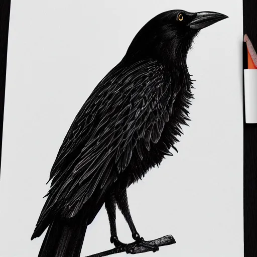 Image similar to detailed crow illustration, full body, black ink on white paper, sketched 4k