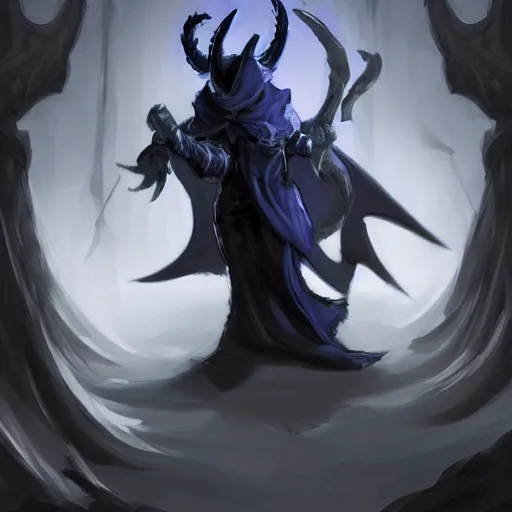 Image similar to D&D character concept art of a cloaked tiefling, tiefling rogue, blue skin color with short horns and a devil tail, fighting pose of a Rogue holding daggers, black cloak hidden in shadows, full body pose, soft colors, fantasy, intricate, elegant, highly detailed, digital painting, artstation, concept art, smooth, perfect face, sharp focus, illustration, wide angle shot, full body visible, art by artgerm and H R Giger and alphonse mucha