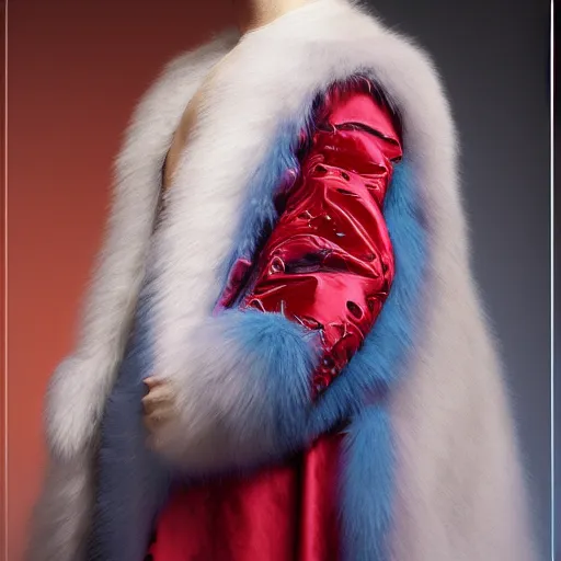 Image similar to a show design by leonardo davinci design by balenciaga ,fur,blue and red,pastel colours ,white background ,hyper realistic,highly detailed,fashion design, baroque, matte painting, concept art, hdri, 4k -