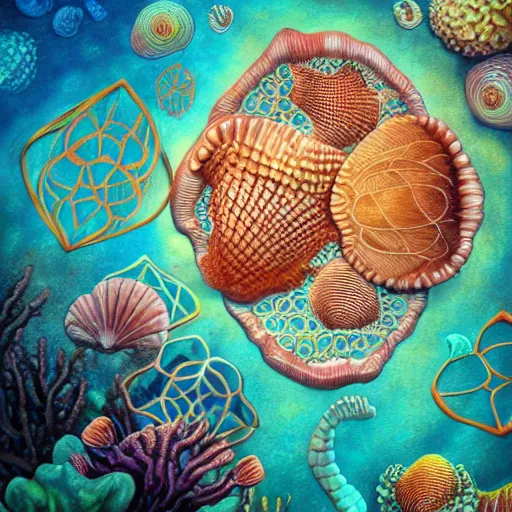 Image similar to underwater Corral Reef, seashells, ocean, Abstract, sacred geometry fungi, seahorse, high detail, photorealistic, surrealism, Flower of life