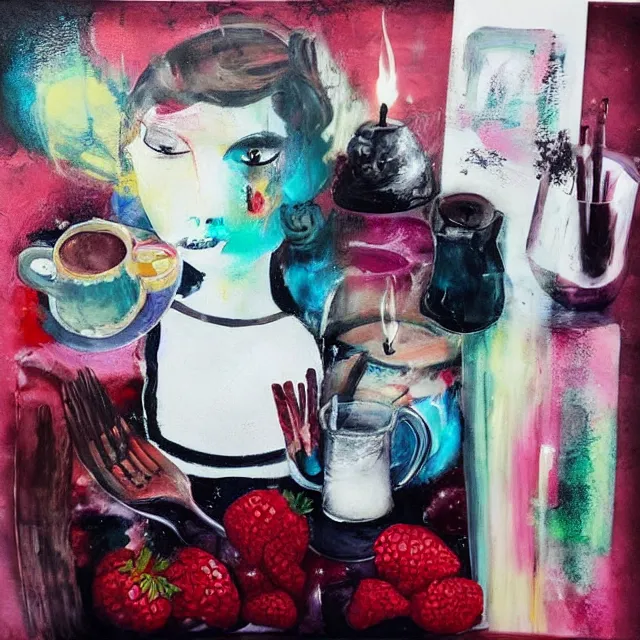 Prompt: “ sensual, a portrait in a female art student ’ s apartment, pancakes, iced latte, berries, art supplies, a candle dripping white wax, berry juice drips, neo - expressionism, surrealism, acrylic and spray paint and oilstick on canvas ”