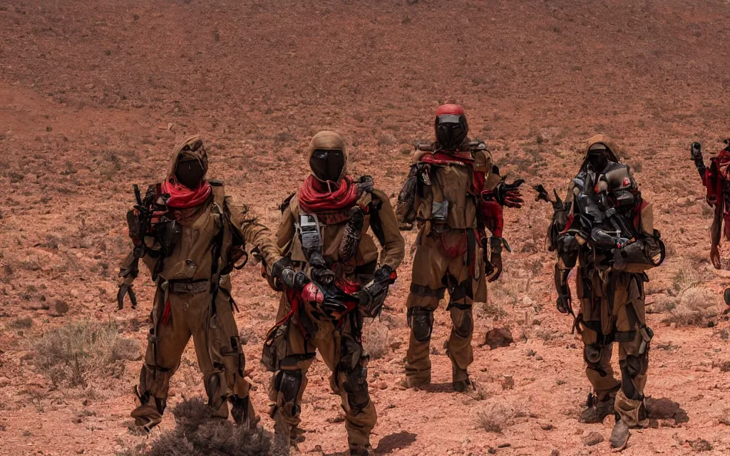 Prompt: in a hot red desert with a distant oasis a group of five people in dark green tactical gear like death stranding and masks, red mesas behind them. They look afraid. dusty, red, mid day, heat shimmering.