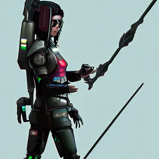 Prompt: character concept art of a cyberpunk android carrying a spear made from an antenna, trending on artstation