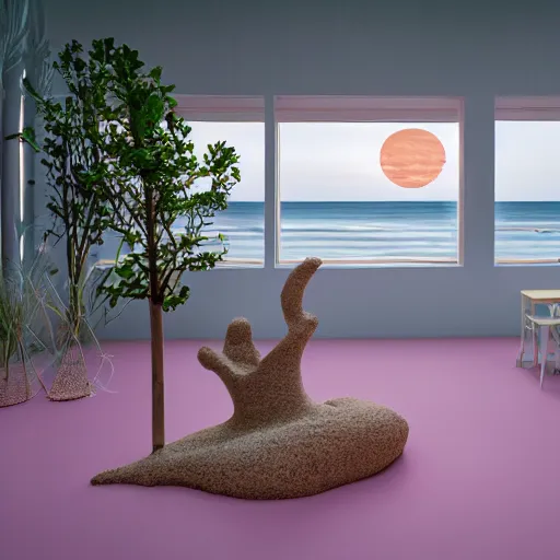 Prompt: A tarot card with the Title ‘The Beach’ in the style of (An ultra high definition, professional photograph of an outdoor partial IKEA showroom inspired sculpture located on a pastel pink beach ((with pastel pink, dimpled sand where every item is pastel pink. )) The sun can be seen rising through a window in the showroom. The showroom unit is outdoors and the floor is made of dimpled sand. The showroom unit takes up 20% of the frame. Morning time indirect lighting with on location production lighting on the showroom. In the style of wallpaper magazine, Wes Anderson).