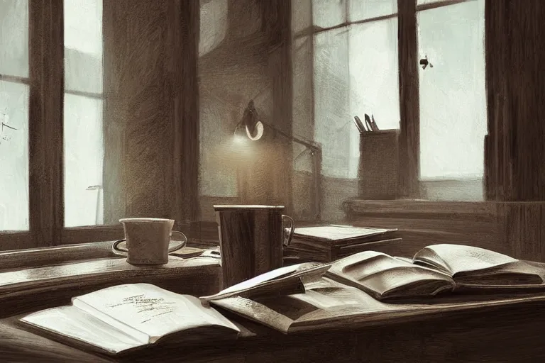 Prompt: a desk, books, a cup of coffee, computer, hyper realistic style, intricate details, digital painting, dramatic cinematic lighting by john frederick peto and lengjun