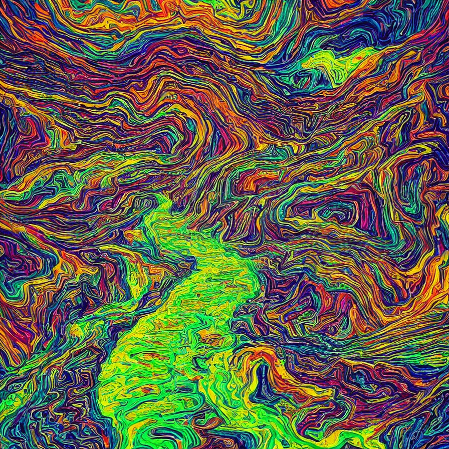 Image similar to trippy psychedelic artwork about a road going down a beautiful valley