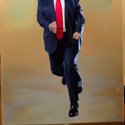 Image similar to perfect, realistic oil painting of Donald Trump, by Sakimichan, by an American professional senior artist, Hollywood concept, dynamic composition and motion, postproduction.