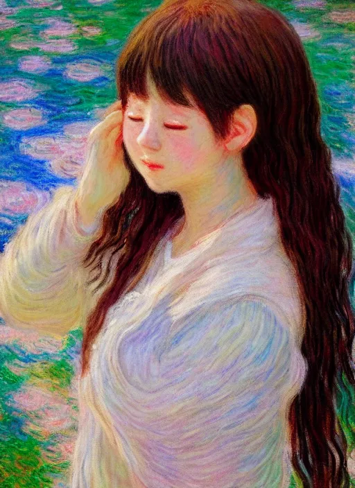 Image similar to an extremely cute girl crying tears of joy, very anime, trending artwork, 4 k, anime painter studio, an impressionist style by claude monet