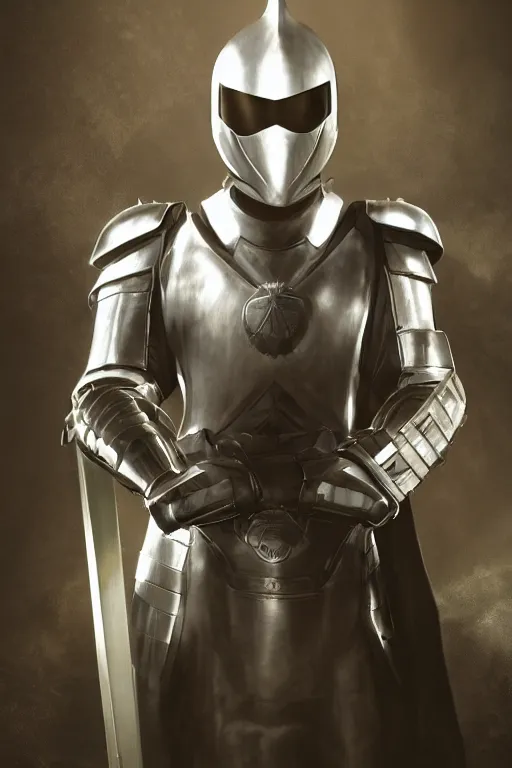 Prompt: Graphic novel cover art of a man in white armour with emerald set helmet and a glowing sword. Epic. Realism. V-ray. Octane Render. Unreal engine. Ambient lighting. 50mm f/1.2. Dramatic lighting. God rays. Dreamy. Sharp. Fine details.