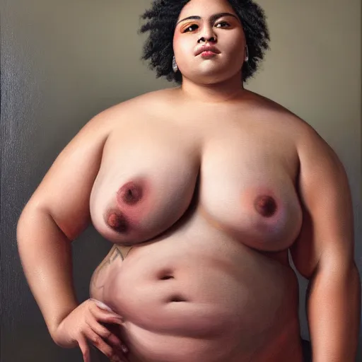 Prompt: A portrait of a powerful and thick beautiful non-binary person, medium tone skin, oil painting, majestic, detailed, high resolution