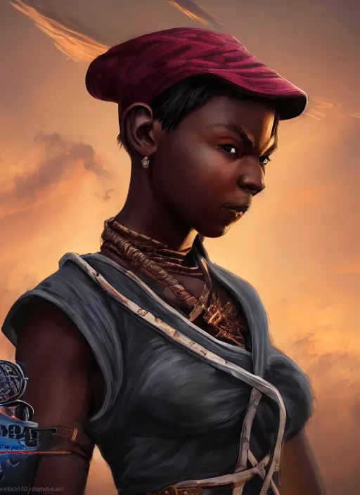 Image similar to An epic fantasy comic book style portrait painting of a young dark skinned girl with short hair dressed as a boy in a cap in the style of the wheel of time, unreal 5, DAZ, hyperrealistic, octane render, cosplay, RPG portrait, dynamic lighting