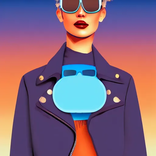 Image similar to a woman with light blue shutter shades in front of a sunset, a dark brown leather jacket, one side brown haircut with blue ends, vector art by jan tengnagel, pixabay contest winner, retrofuturism, retrowave, synthwave, outrun, portrait,
