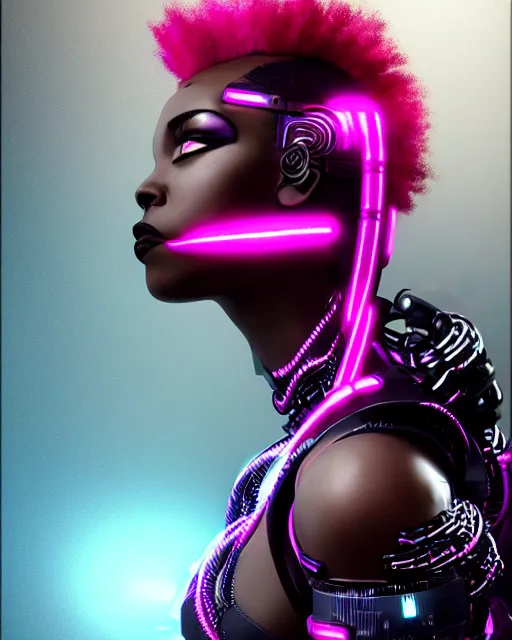 Image similar to portrait of a beautiful black woman with pink hair as a cyberpunk cyborg half robot, revealing wires and electronics, sci - fi, missing panels, intricate abstract upper body intricate artwork, concept art, octane render, deviantart, cinematic, key art, hyperrealism, iridescent accents, portrait photograph, nikon 3 5 mm, photograph by greg rutkowski