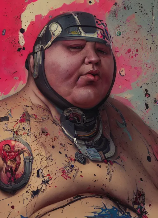 Prompt: morbidly obese ironman, by Tristan Eaton, Stanley Artgermm, Tom Bagshaw, Greg Rutkowski, Carne Griffiths. trending on DeviantArt, face enhance, hyper detailed, trending on Artstation, 8k, masterpiece, graffiti paint, fine detail, full of color, intricate detail, golden ratio illustration