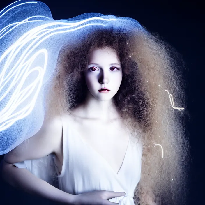 Image similar to simulated photography of a young woman with long curly hair, dressed in long white, light painting in style of Paolo Roversi, professional studio lighting, dark background, hyper realistic photography, fashion magazine style